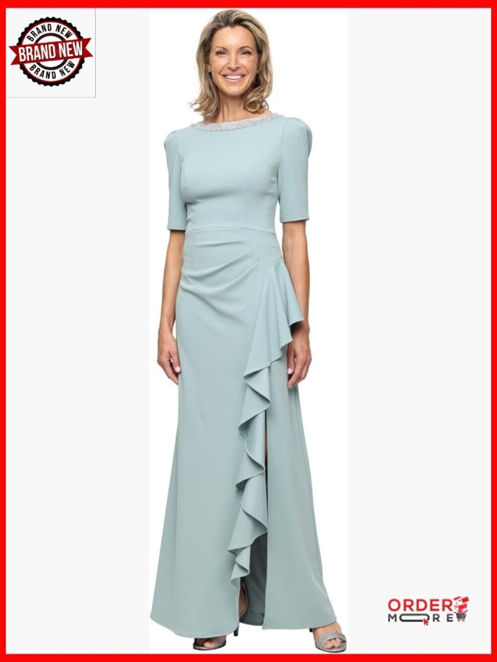 Embellished Long Mother of the Bride Dress with Puff Sleeves